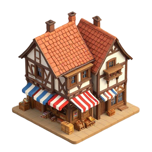 generate stylized 3d game assets in a warm medieval village style. use low-poly or voxel-inspired models with soft lighting and isometric perspective. include elements like half-timbered houses with tiled roofs, wooden balconies, colorful medieval market 
