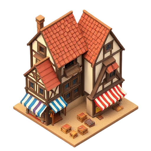 generate stylized 3d game assets in a warm medieval village style. use low-poly or voxel-inspired models with soft lighting and isometric perspective. include elements like half-timbered houses with tiled roofs, wooden balconies, colorful medieval market 