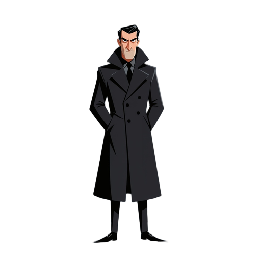 a mysterious man in a long black coat, standing in the shadows, with a serious expression, dark atmosphere, film noir style.