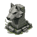 an ancient stone statue with a weathered wolf head, cracked and worn by time, overgrown with moss and vines. small plants sprout from its crevices, and a misty, forgotten ruin surrounds i