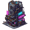 huge futuristic cyberpunk building rusted with pipes, vents, neon signs and 