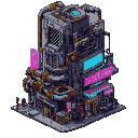 huge futuristic cyberpunk building rusted with pipes, vents, neon signs and 