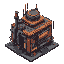 huge futuristic cyberpunk building rusted with pipes, vents, neon signs and 