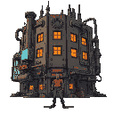 huge futuristic cyberpunk building rusted with pipes, vents, neon signs and 