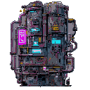 huge futuristic cyberpunk building rusted with pipes, vents, neon signs and 