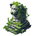 an ancient stone statue with a weathered dog head, cracked and worn by time, overgrown with moss and vines. small plants sprout from its crevices, and a misty, forgotten ruin surrounds i