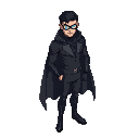 man in black suit and cape blue eyes