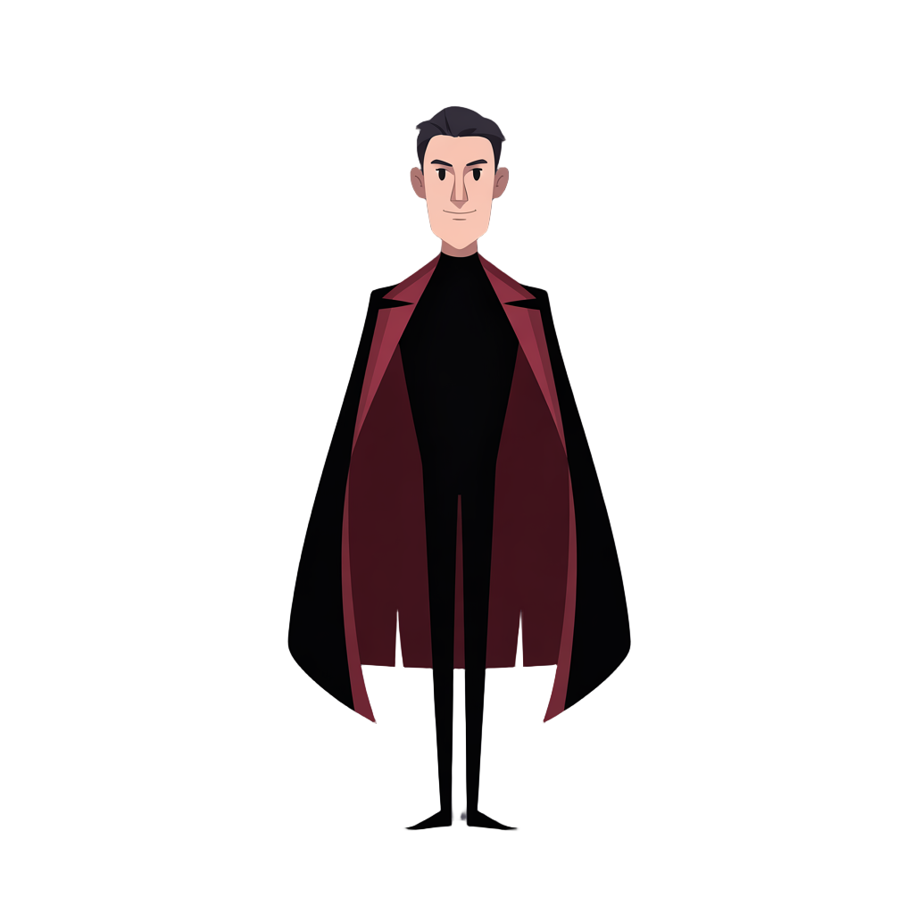 a very thin man, fair-skinned, with short black hair, wearing a black mask that hides his nose, mouth, and neck. his clothing is completely black, with no additional details. he wears a crimson red overcoat over his black clothing.