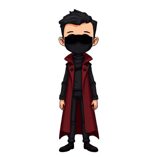 a very thin man, fair-skinned, with short black hair, wearing a black mask that hides his nose, mouth, and neck. his clothing is completely black, with no additional details. he wears a crimson red overcoat over his black clothing.