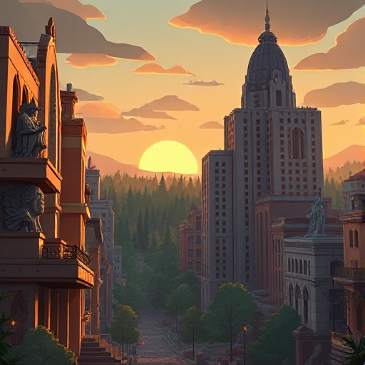 a scene of a run down art deco city in the distance of a forest. the sunset hitting the abandoned art deco buildings. statues are sculpted into the buildings.