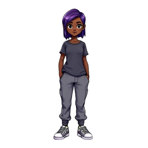 black teen girl wearing sweatpants and tshirt with purple hair in comic style