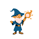 wizard in a blue hat shooting a fireball from his staff