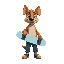 a caramell colored dog with pants holding a skate