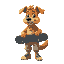 a caramell colored dog with pants holding a skate