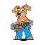 a caramell colored dog with pants holding a skate