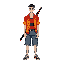  male character, white skin, short black hair, flamengo-style shirt, baggy denim shorts, nike-like shoes, katana on back, simple background
