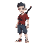  male character, white skin, short black hair, flamengo-style shirt, baggy denim shorts, nike-like shoes, katana on back, simple background