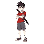  male character, white skin, short black hair, flamengo-style shirt, baggy denim shorts, nike-like shoes, katana on back, simple background
