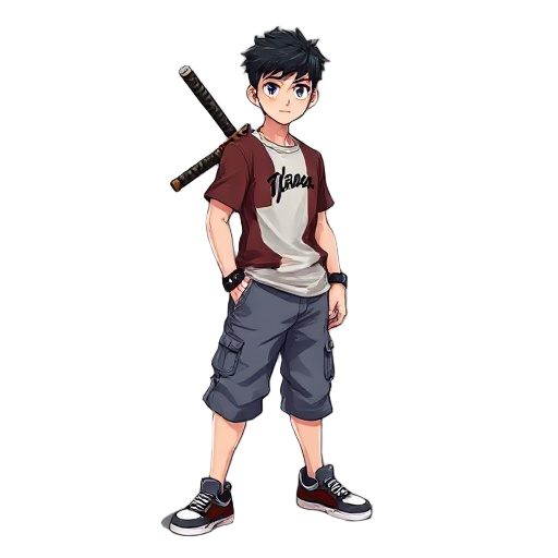  male character, white skin, short black hair, flamengo-style shirt, baggy denim shorts, nike-like shoes, katana on back, simple background