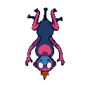his body is differentiated by different colours with sharp lines. it has very vivid colours. his face is upside down and there are black protrusions that are evident coming out of his body. humanoid. basic entity.