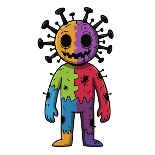 his body is differentiated by different colours with sharp lines. it has very vivid colours. his face is upside down and there are black protrusions that are evident coming out of his body. humanoid. basic entity. a horror character.