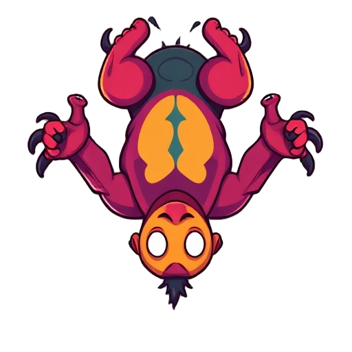 his body is differentiated by different colours with sharp lines. it has very vivid colours. his face is upside down and there are black protrusions that are evident coming out of his body. humanoid.