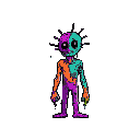 his body is differentiated by different colours with sharp lines. it has very vivid colours. his face is upside down and there are black protrusions that are evident coming out of his body. humanoid. basic entity. a horror character. but cute.