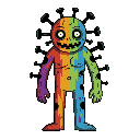 his body is differentiated by different colours with sharp lines. it has very vivid colours. his face is upside down and there are black protrusions that are evident coming out of his body. humanoid. basic entity. a horror character.