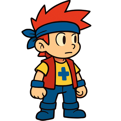 looking to the right, with spiky red hair,  wearing a blue bandana, a simple yellow shirt with a blue plus on it, a red veste and blue trousers, and a blue boot, he also wears blue bracelets, 