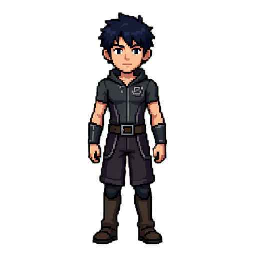 pixel art 2d platformer character, full body, idle pose, front-facing, transparent background, 64x64 sprite resolution, crisp clean pixels, no anti-aliasing character concept: young male shadow hunter, slim athletic build, medium height hair: short messy 