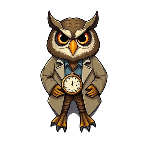 time-traveling owl in a lab coat with an antique pocket watch. 8 directions
