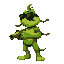 green human-like toad. muscular body. red ribbons on the elbows. black sun glasses. holding cannon in hands. side view.