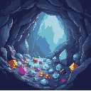 a cave where gemstones are scattered