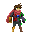 A pixelated figure with brown hair, wearing a red top and dark shorts, stands against a black background. Green and gray accents are visible on its arms and legs.