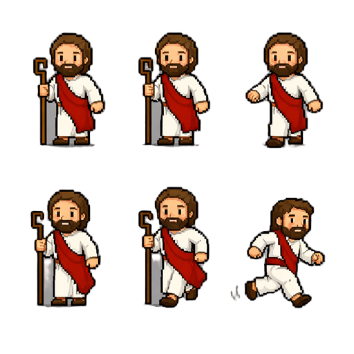 faça varios sprites de movimento estático/parado, andando e correndo de jesus, semelhante a imagem de referencia que mandei