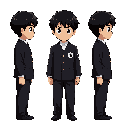 prompt: "character design for a top-down horror game, orthographic view, a japanese schoolboy in a black traditional gakuran uniform. dark, moody lighting, aesthetic similar to rpg maker horror classics. 2d flat illustration, clean lines, gloomy and myste