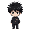 "top-down japanese male, messy black hair, black gakuran uniform, pale skin, subtle eerie vibe, neutral/anxious expression, anime style, dark shading, detailed hair and clothes, suitable for horror game sprite."
