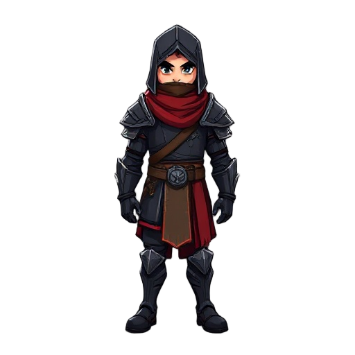 warrior in dark armor with a red scarf
