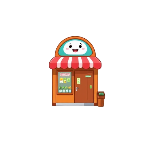 charmingly designed ui for a cozy and vibrant convenience store simulation game, with a cute and inviting atmosphere. at the center, there is an adorable logo featuring a smiling storefront with a str