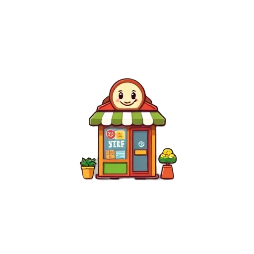 charmingly designed ui for a cozy and vibrant convenience store simulation game, with a cute and inviting atmosphere. at the center, there is an adorable logo featuring a smiling storefront with a str