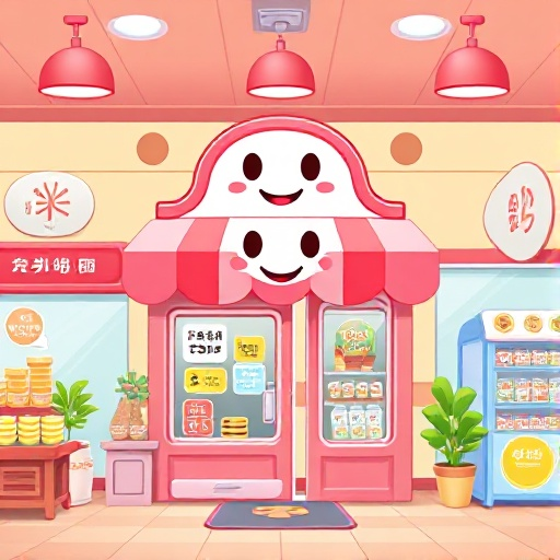 charmingly designed ui for a cozy and vibrant convenience store simulation game, with a cute and inviting atmosphere. at the center, there is an adorable logo featuring a smiling storefront with a str