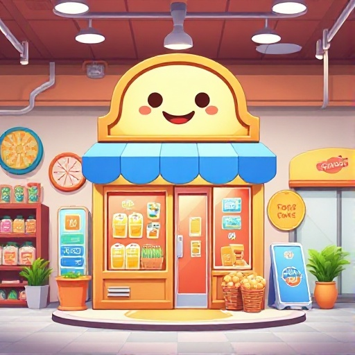 charmingly designed ui for a cozy and vibrant convenience store simulation game, with a cute and inviting atmosphere. at the center, there is an adorable logo featuring a smiling storefront with a str