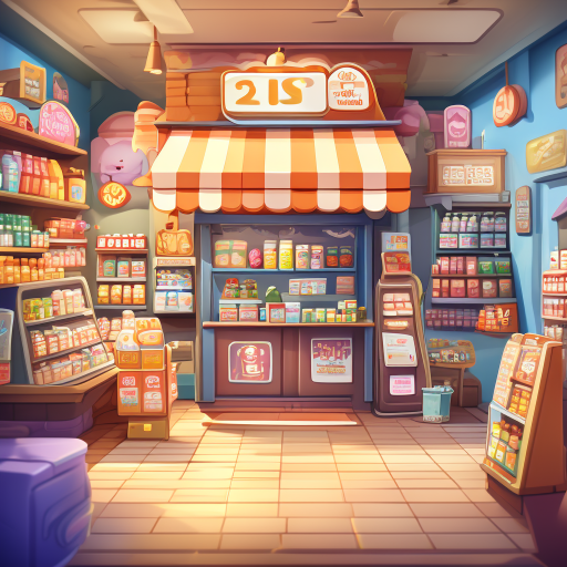 charmingly designed ui for a cozy and vibrant convenience store simulation game, with a cute and inviting atmosphere. at the center, there is an adorable logo featuring a smiling storefront with a str