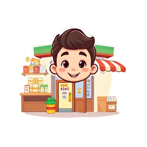 charmingly designed ui for a cozy and vibrant convenience store simulation game, with a cute and inviting atmosphere. at the center, there is an adorable logo featuring a smiling storefront with a str