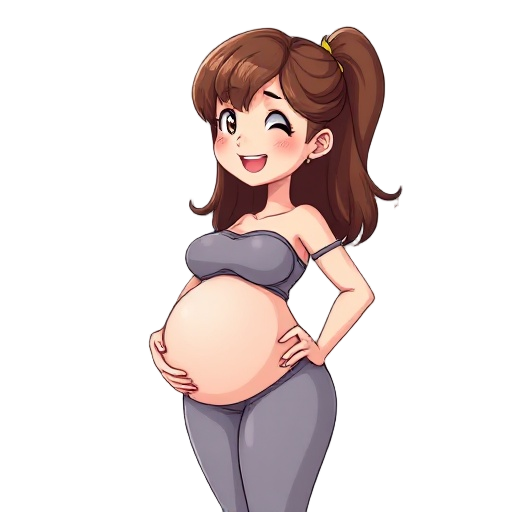pregnant, happy, large chest, large hips, brown hair, anime style, squating