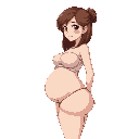 brown haired woman, large chest, pregnant,large hips, anime style, on back