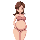 brown haired woman, large chest, pregnant,large hips, anime style