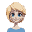 make a female with short blonde hair, her favorite color is blue, and she likes to smile a lot.