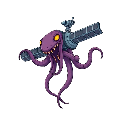 make me a tentacled monster clinging to a military satellite. its movements utilize the satellite's weapons to launch shots at the player and eventually a super attack with the satellite's laser cannon. it's fully animated, with well-articulated tentacles