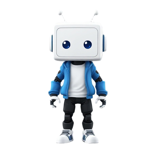 a 2d white cube shaped head with cute face robot. blue hoodie, white tee and black pants. for 2d game.